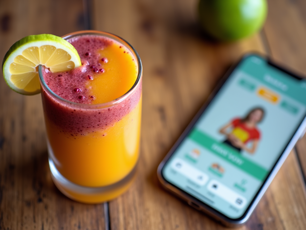 Smoothie colorat într-un pahar, decorat cu o felie de fruct, lângă un smartphone cu o aplicație de dietă.