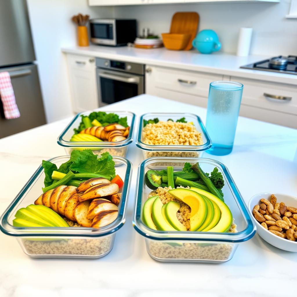 Masă sănătoasă pregătită pe un blat de bucătărie, cu recipiente conținând pui la grătar, quinoa, legume fierte și avocado feliat.