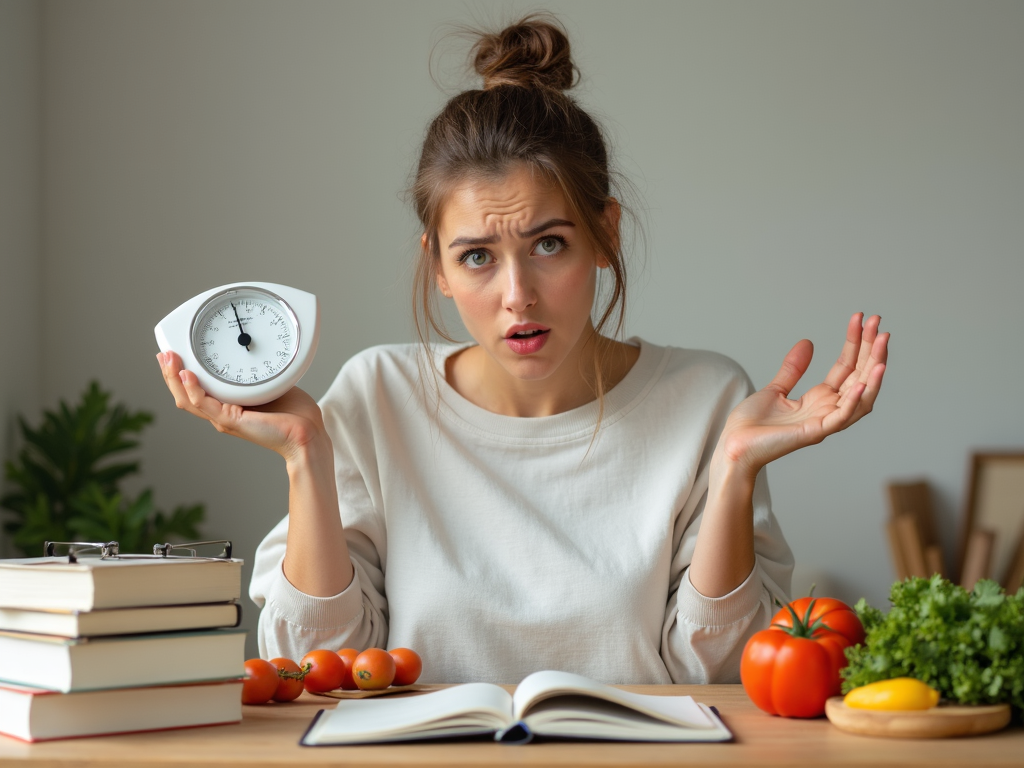 Persoană confuză cu o balanță și cărți de dietă