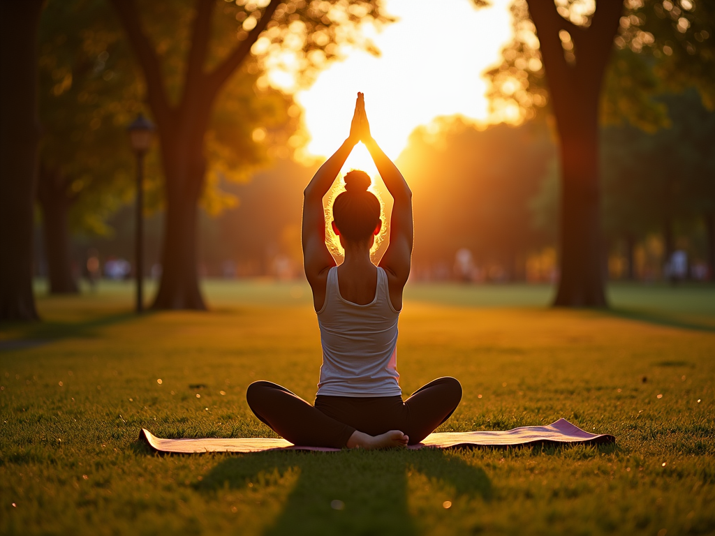 Persoană care face yoga într-un parc liniștit la răsărit, cu copaci în fundal.