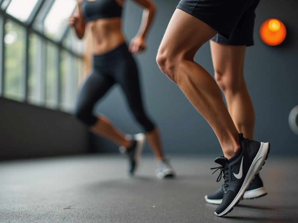 Persoană care face un antrenament HIIT, sprintând sau făcând burpees, cu un cronometru vizibil în fundal.
