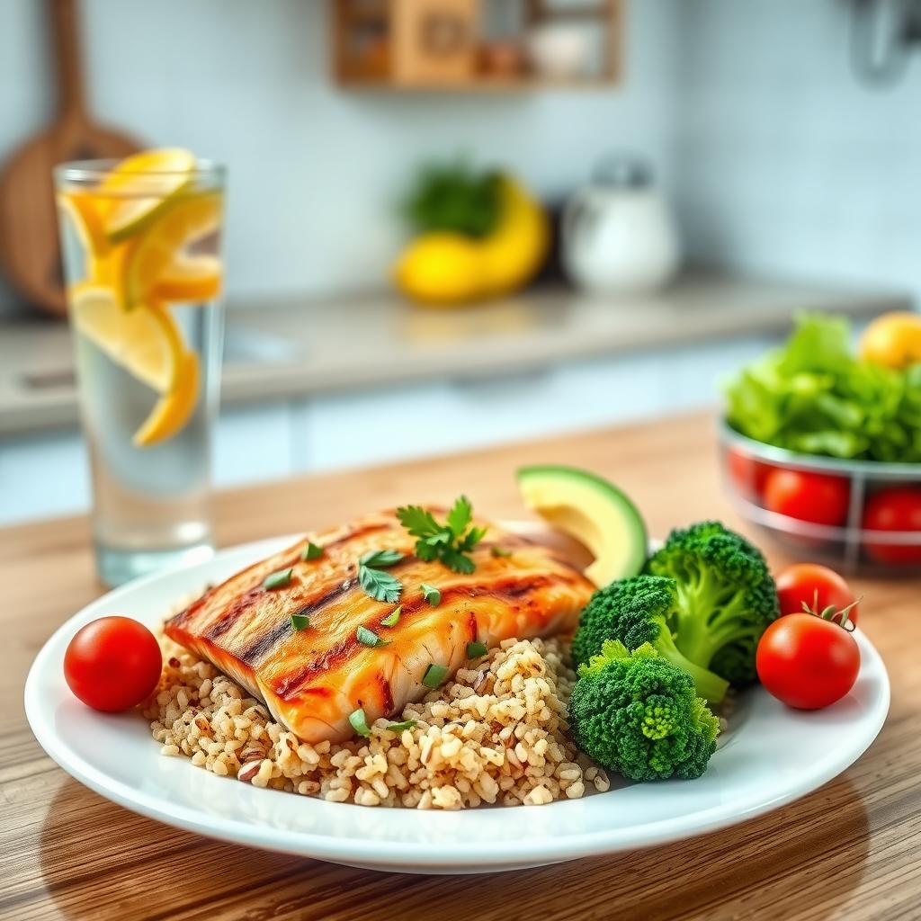 O farfurie sănătoasă cu somon la grătar, quinoa, broccoli fiert, avocado și roșii cherry, așezată pe o masă de lemn, cu un pahar de apă cu lămâie alături.