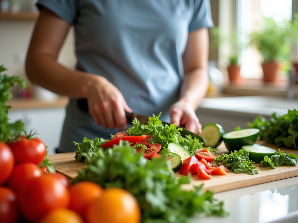 O persoană pregătind o salată proaspătă, simbol al unui regim alimentar sănătos.