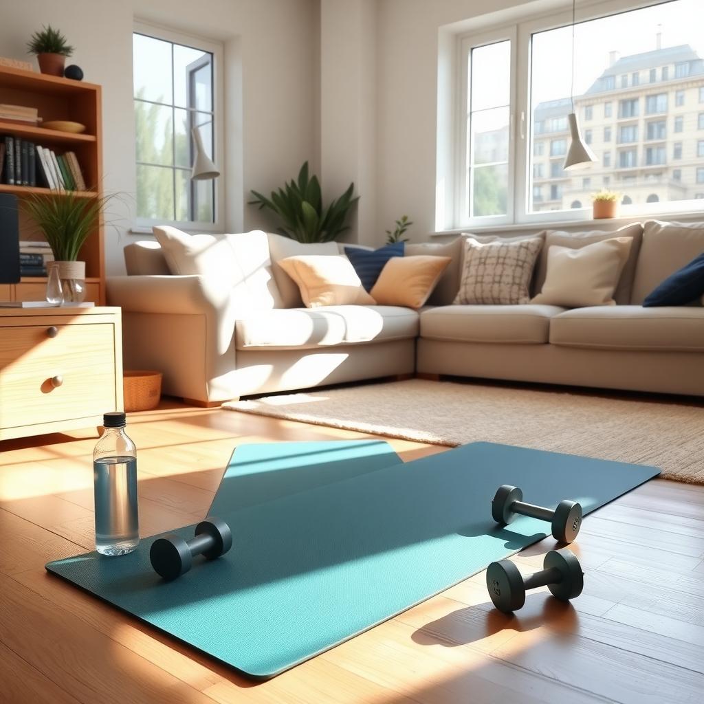 Cameră de zi confortabilă cu o saltea de yoga, o sticlă de apă și gantere mici, luminată natural printr-o fereastră mare.
