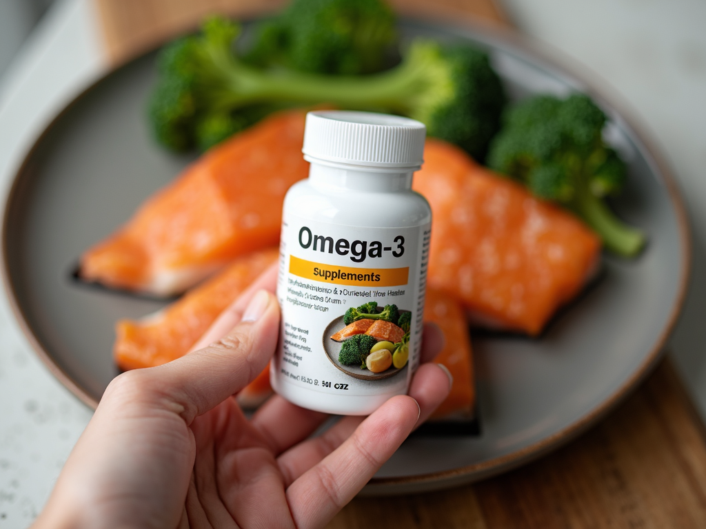 Persoană care ține o sticlă de suplimente omega-3, cu un fundal de masă sănătoasă cu pește și legume.