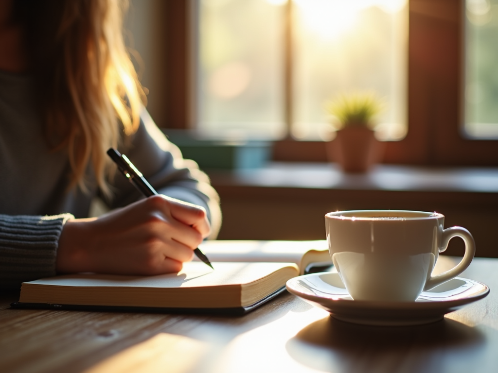 Persoană scriind într-un jurnal cu o ceașcă de cafea alături, lumina soarelui pătrunzând prin fereastră.
