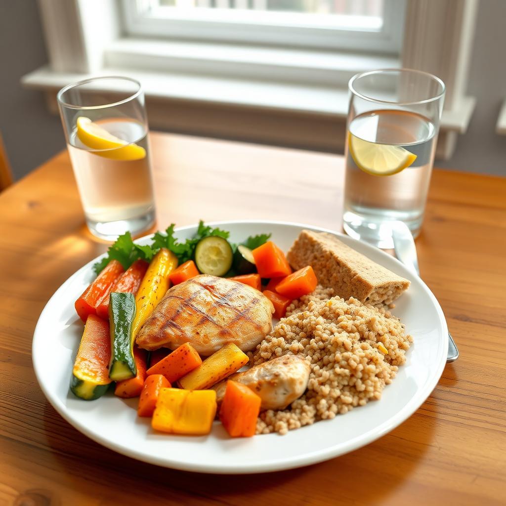 Farfurie cu o masă echilibrată, conținând pui la grătar, legume coapte, quinoa și un pahar cu apă și lămâie, pe o masă de lemn.