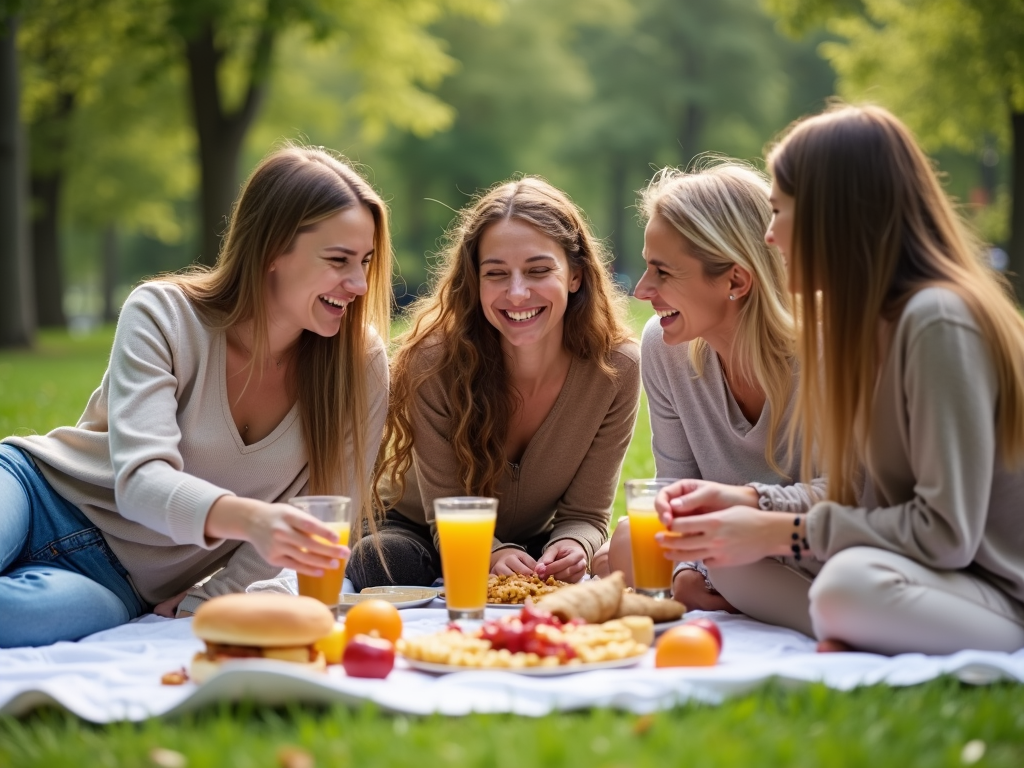 Un grup de prieteni savurând un picnic în parc, cu o varietate de gustări și băuturi sănătoase, râzând și distrându-se.