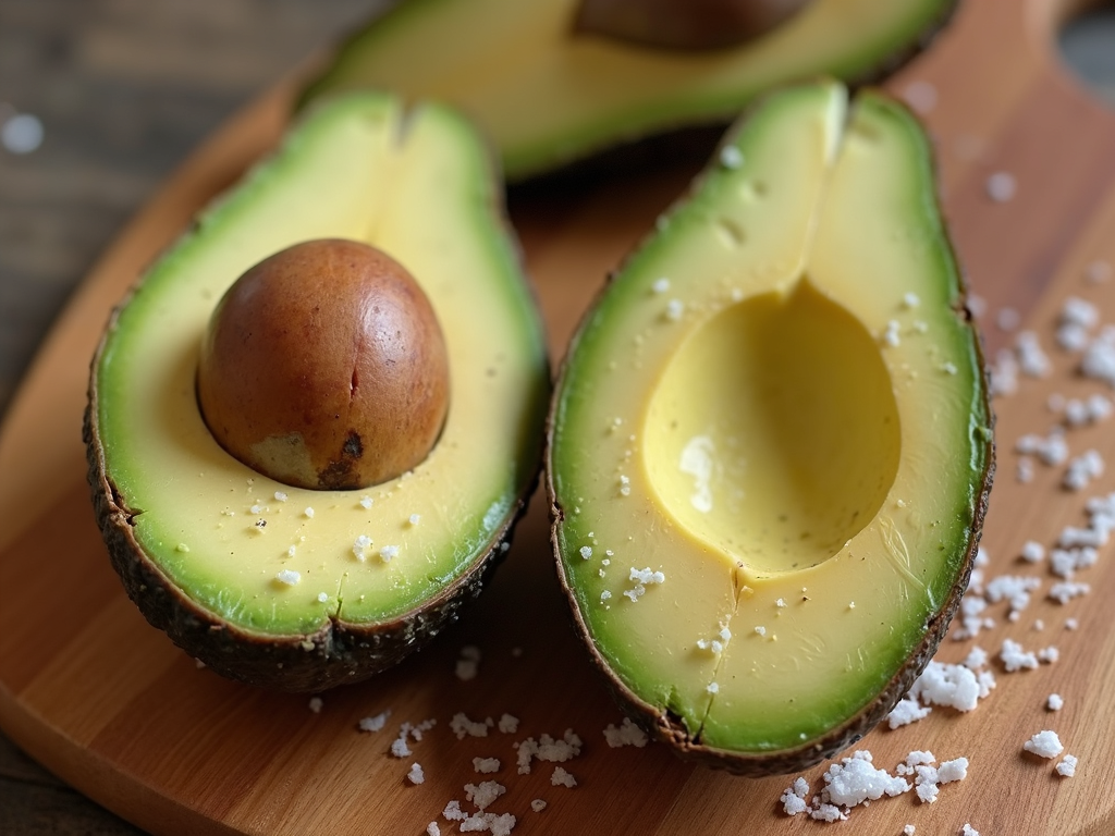 Un avocado feliat pe o placă de lemn cu un strop de sare