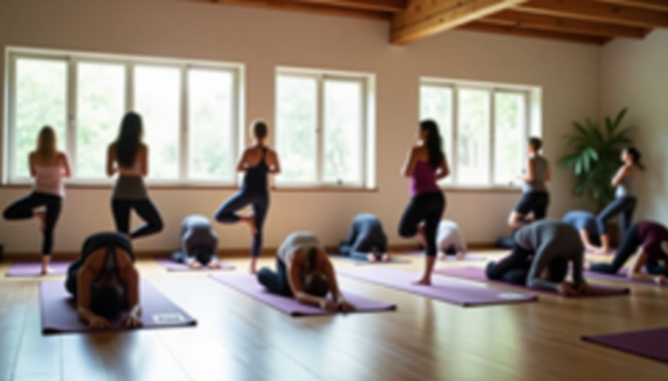O sală de yoga liniștită cu lumină naturală, unde un grup divers de oameni practică diferite posturi de yoga, cum ar fi câinele cu capul în jos, războinicul II și arborele. Atmosfera transmite liniște și concentrare.
