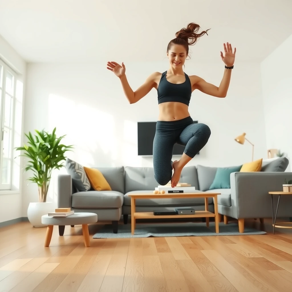 Femeie tânără făcând jumping jacks în sufragerie