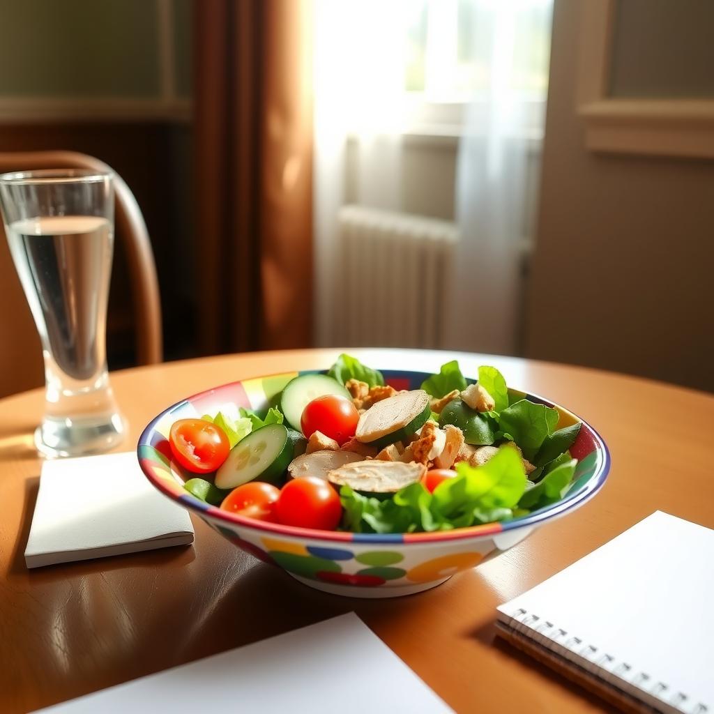 O masă confortabilă cu o farfurie de salată colorată, un pahar cu apă și un caiet, luminată de lumină naturală.