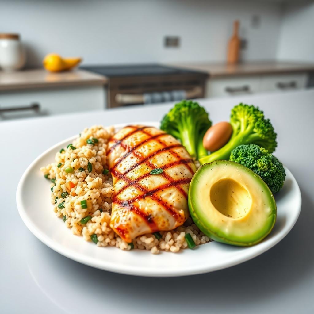 O farfurie cu o masă sănătoasă, conținând piept de pui la grătar, broccoli fiert, quinoa și felii de avocado, pe un fundal de bucătărie modernă.
