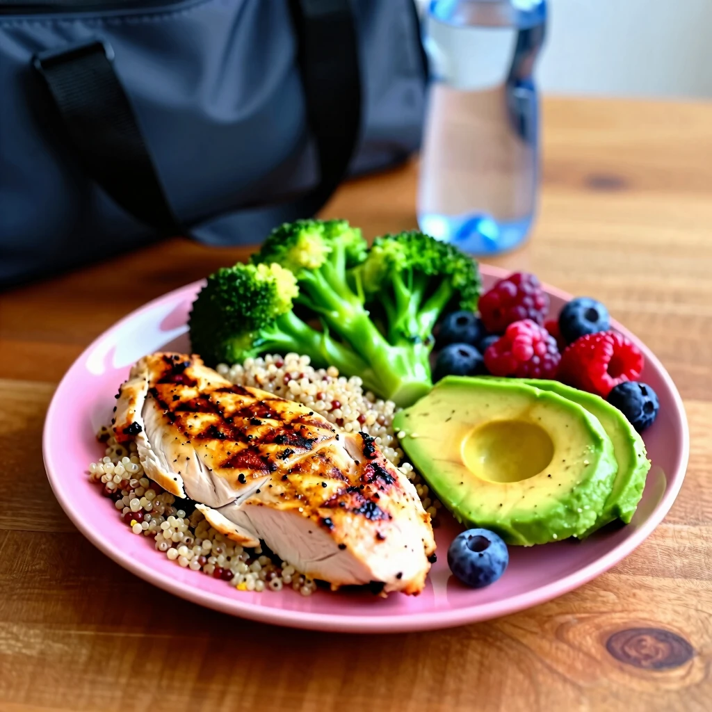 Farfurie colorată cu o masă echilibrată pentru sportivi, conținând piept de pui la grătar, quinoa, broccoli fiert, felii de avocado și fructe de pădure, pe o masă de lemn.