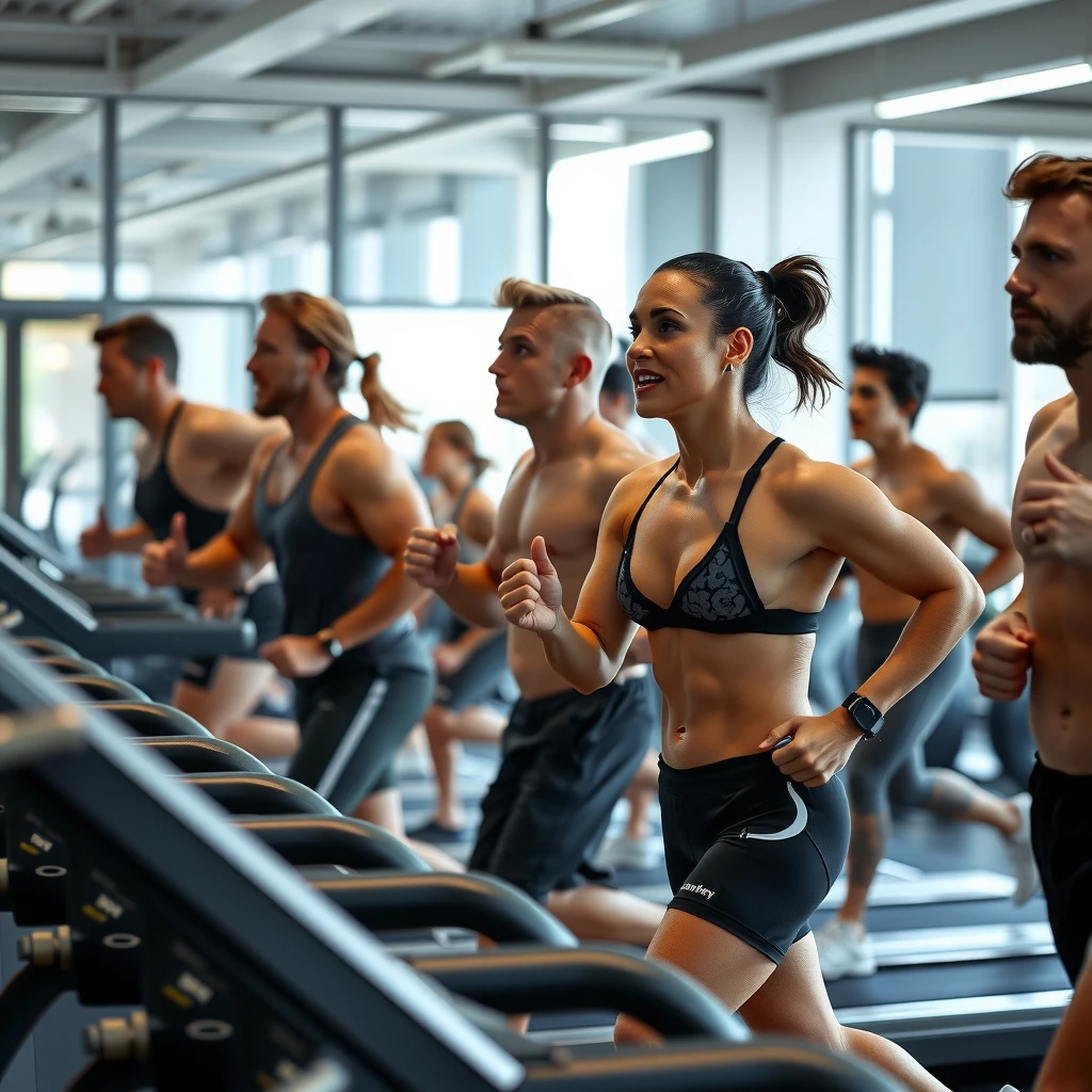 Grup de adulți făcând exerciții cardio într-o sală de fitness pentru accelerarea slăbitului