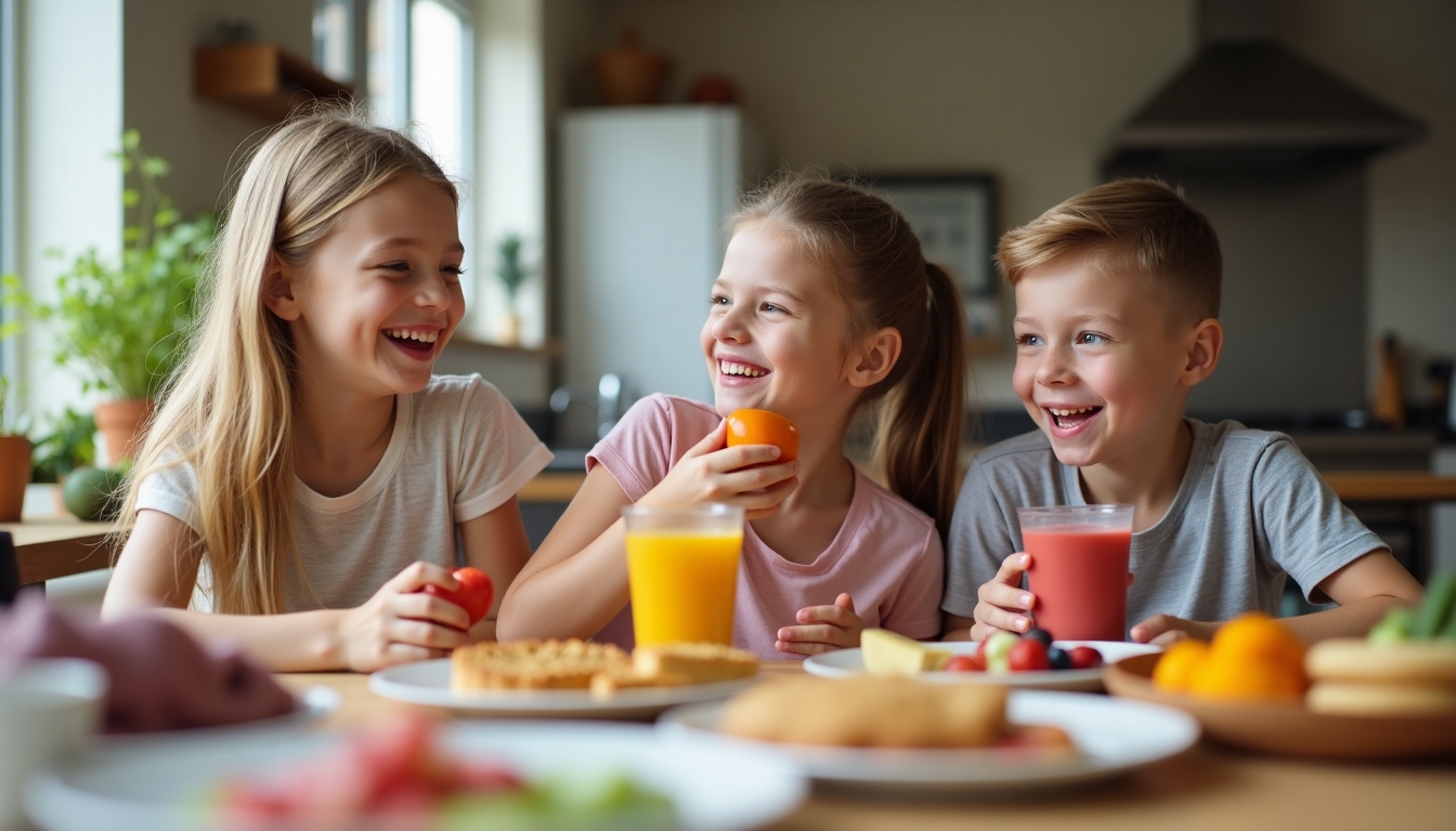 Familie savurând micul dejun cu smoothie-uri personalizate.