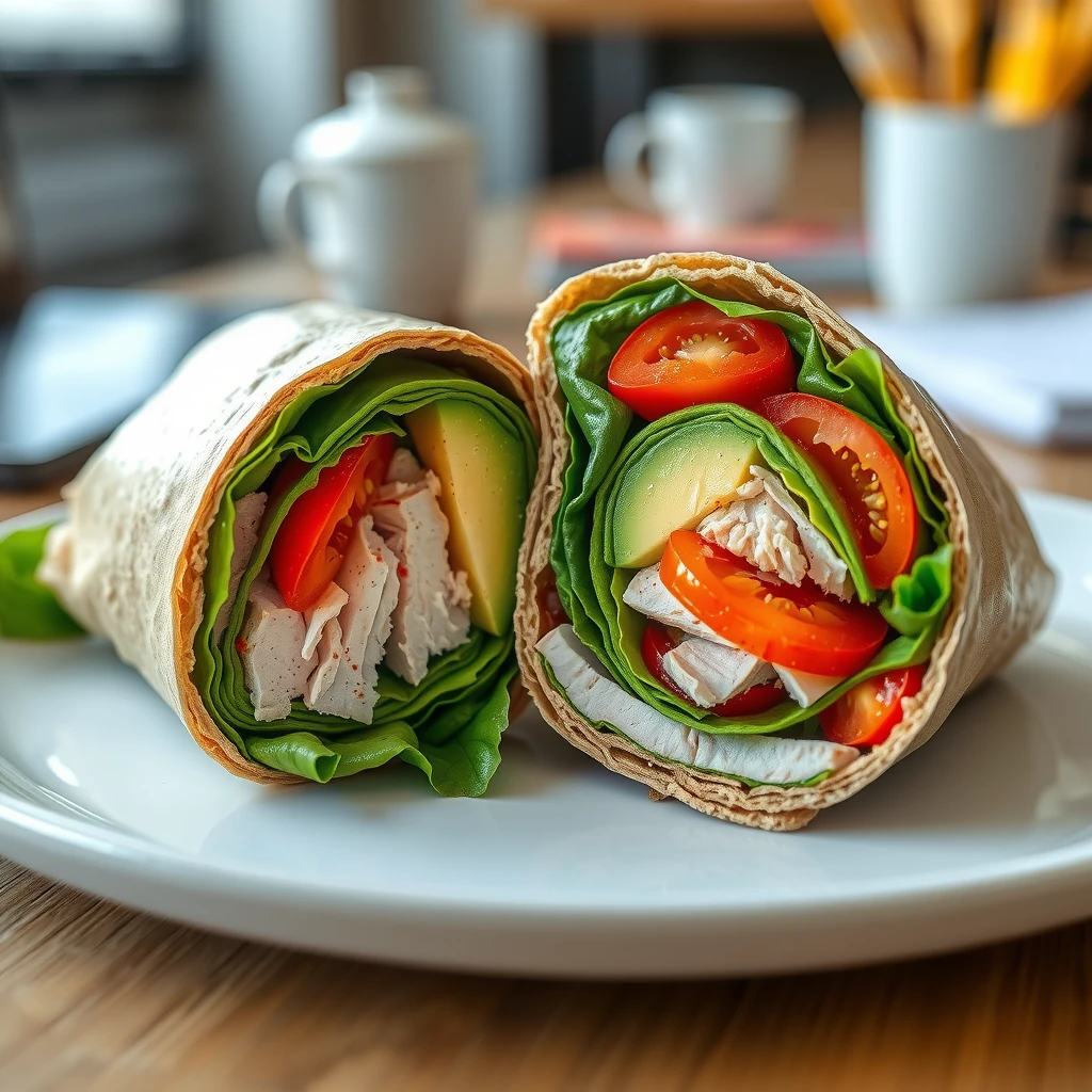 Wrap cu curcan, avocado și legume proaspete, tăiat în jumătate