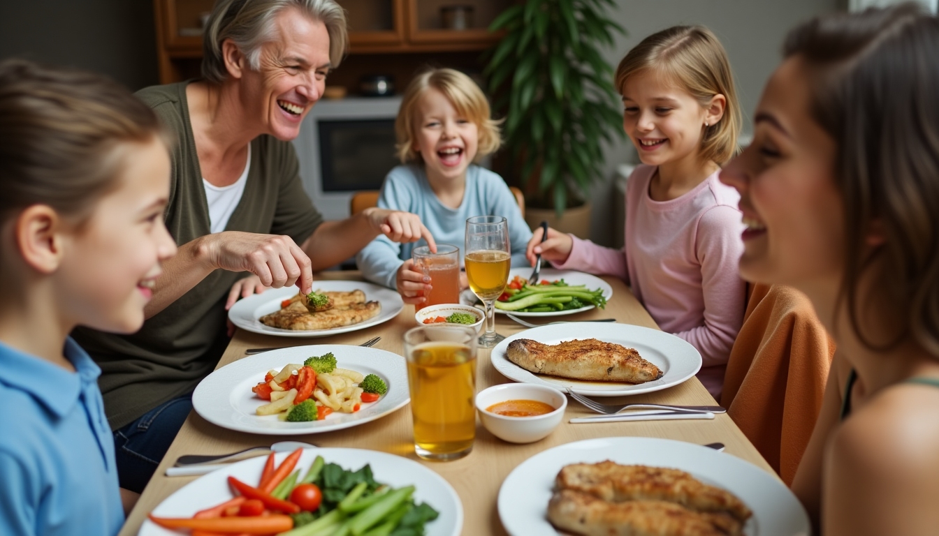 O familie care mănâncă împreună pește la grătar, legume și pâine integrală, într-o atmosferă veselă.