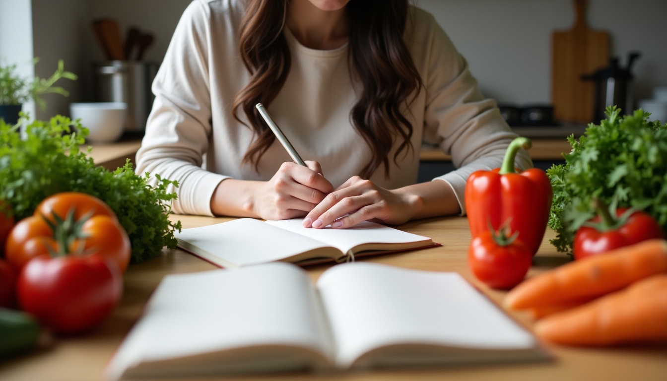 A person writing in a food journal, surrounded by fresh vegetables, suggesting a healthy lifestyle.