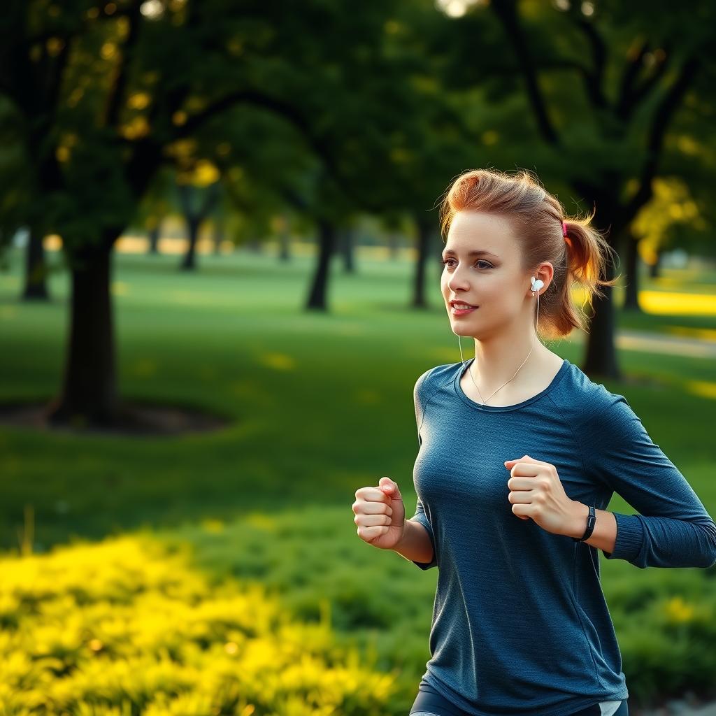 Persoană care aleargă într-un parc verde dimineața devreme, purtând haine sport și căști, cu o expresie concentrată și plină de energie, simbolizând beneficiile postului intermitent.