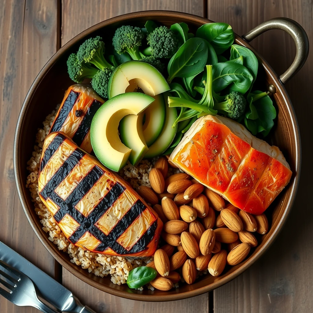 Varietate de alimente sănătoase recomandate pentru slăbit: pui grill, somon, legume proaspete, quinoa și avocado