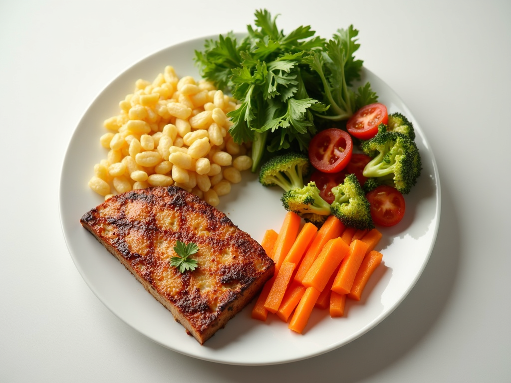 Farfurie echilibrată cu proteine, carbohidrați și legume
