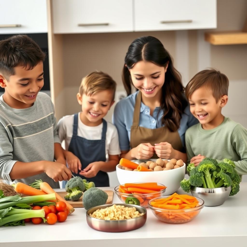 O familie care pregătește împreună o masă sănătoasă într-o bucătărie modernă, cu un părinte și doi copii tăind legume, zâmbind și aranjând ingrediente precum morcovi, broccoli și paste integrale.