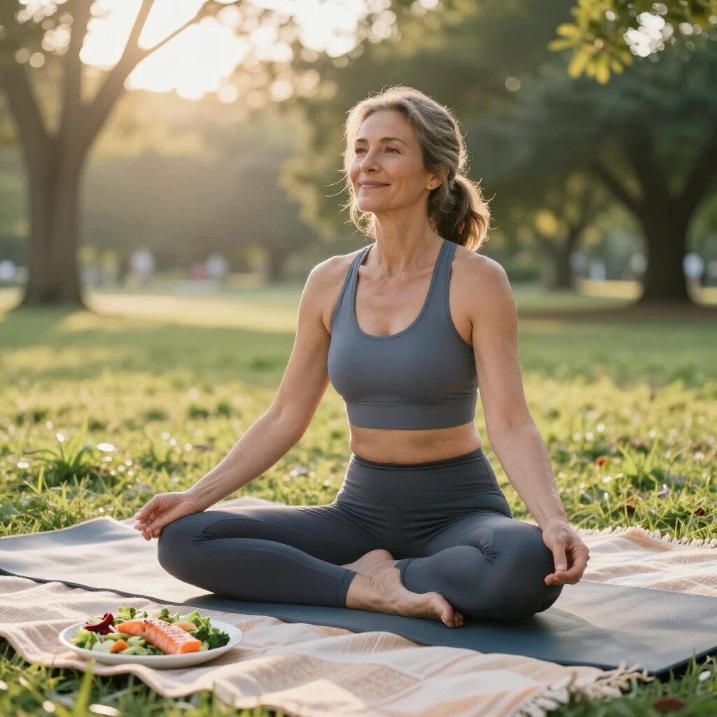 Femeie relaxată practicând yoga în natură, cu o masă sănătoasă în prim-plan, arătând fericită și în formă