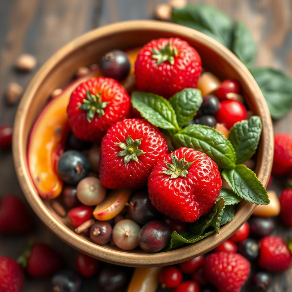Inimă sănătoasă înconjurată de alimente nutritive.