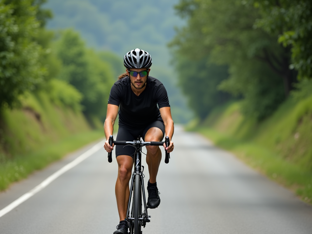Persoană care merge cu bicicleta pe un drum pitoresc înconjurat de verdeață, cu o privire determinată, pedalând energic.