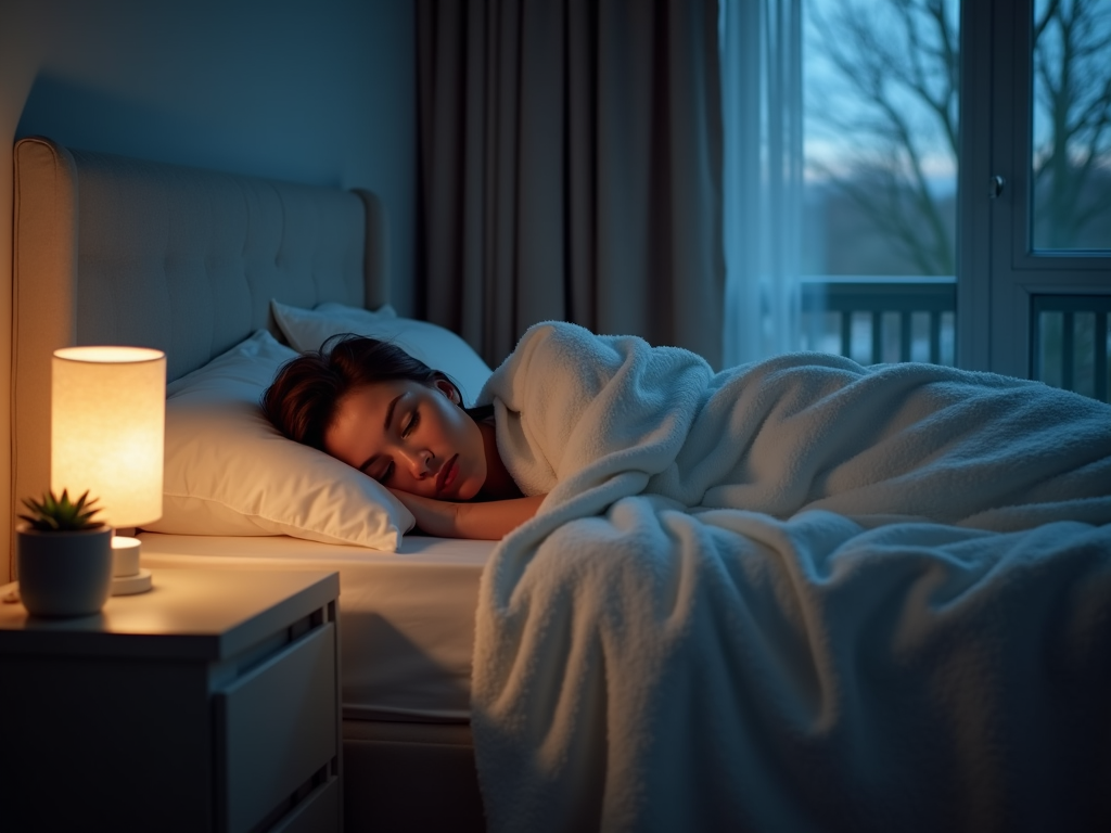 O cameră liniștită cu lumină slabă, un pat aranjat și o persoană odihnindu-se sub o pătură moale, subliniind valoarea somnului odihnitor.