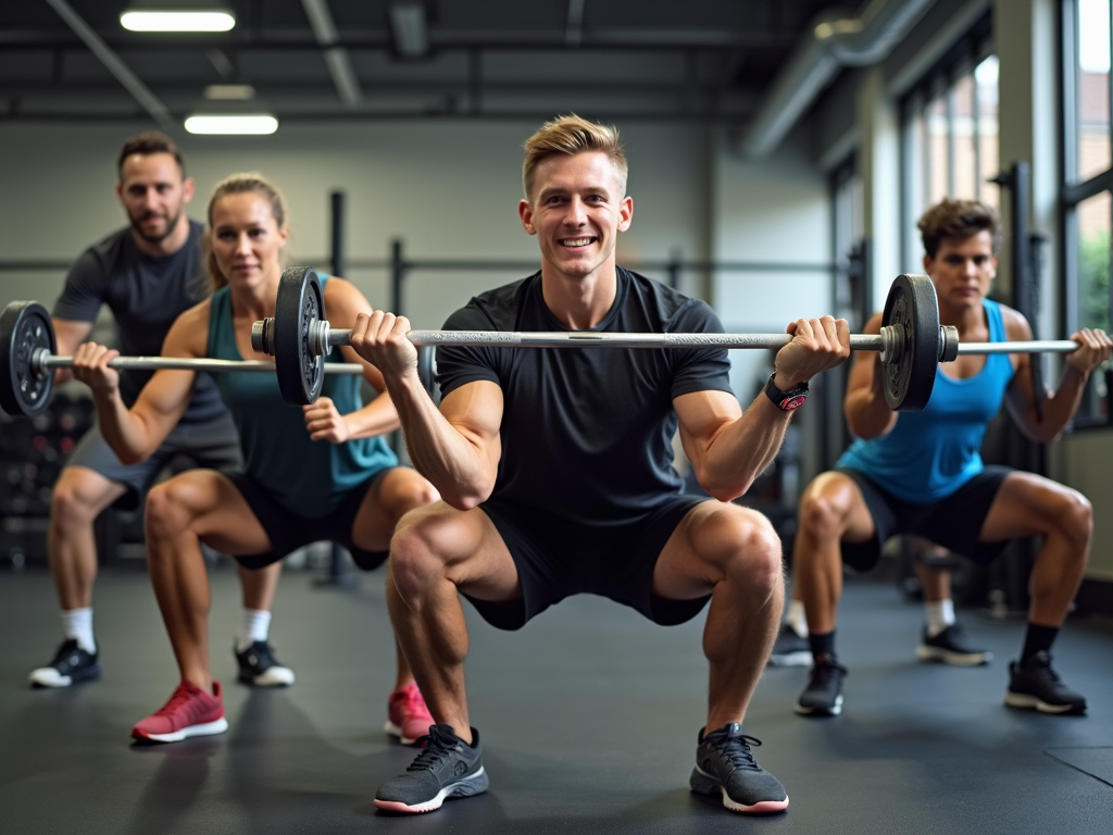 Grup de persoane făcând squats în sala de sport, cu antrenor