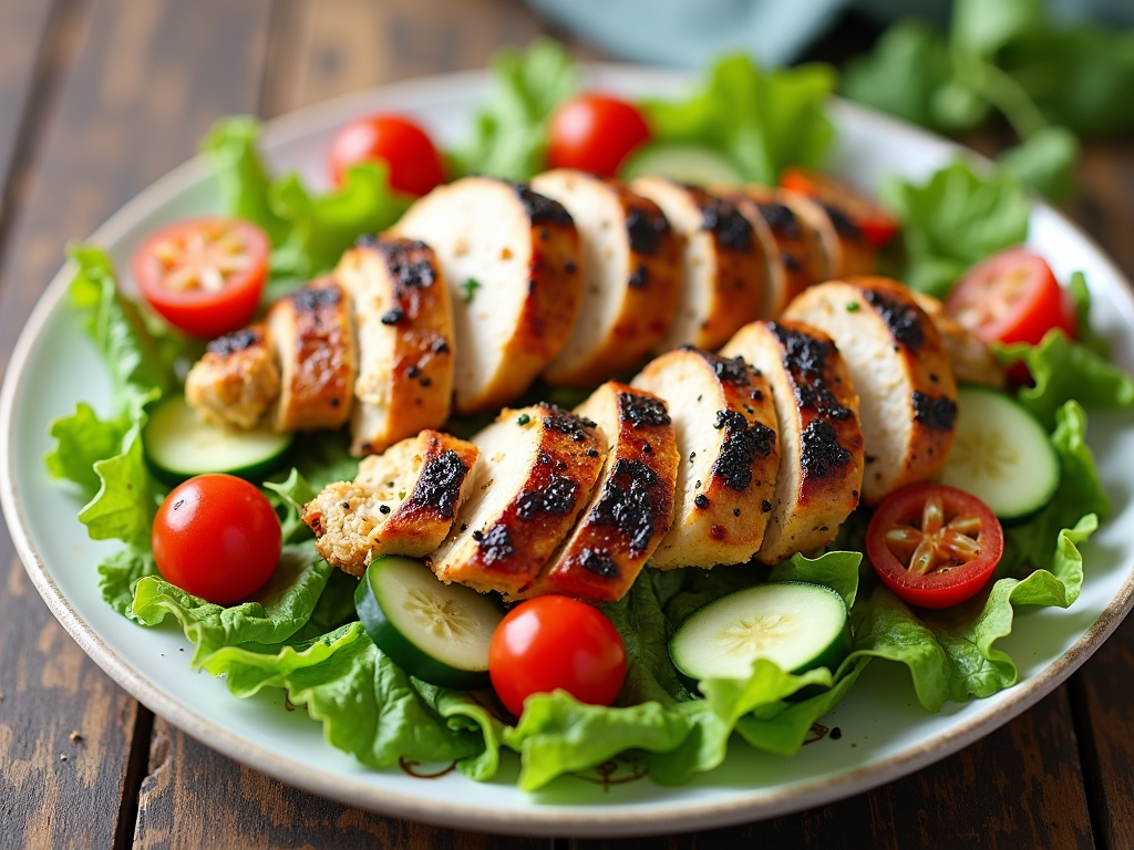 A colorful, healthy meal consisting of grilled chicken salad with fresh vegetables.