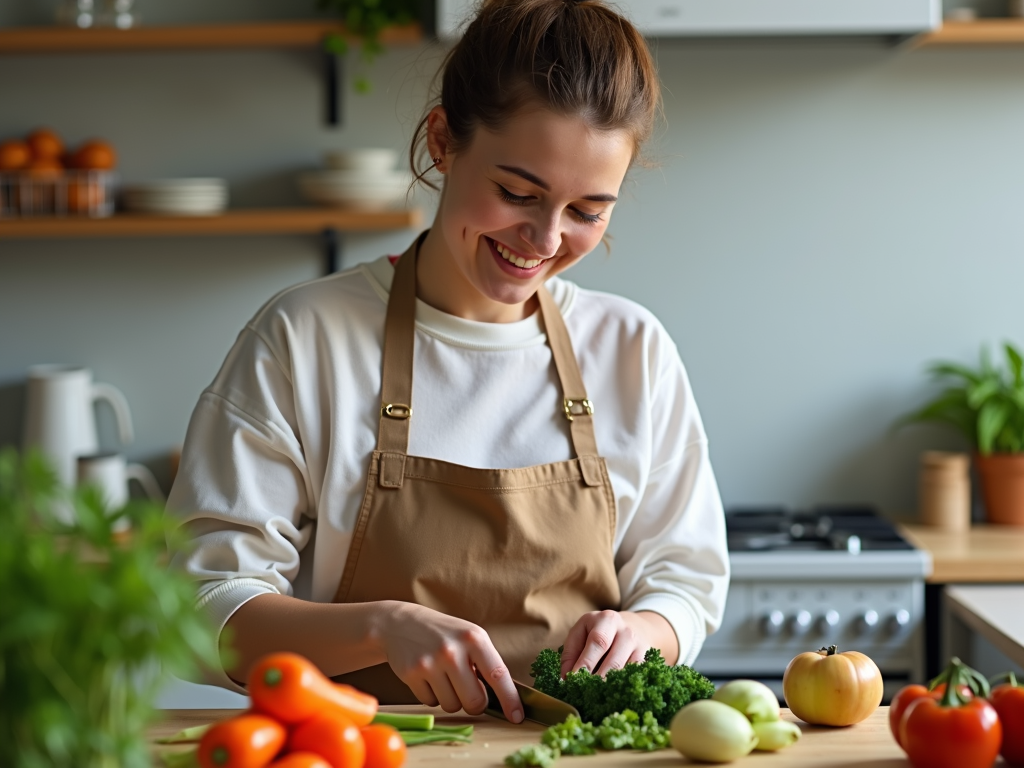 Persoană care pregătește o masă sănătoasă în bucătărie, tăind legume proaspete precum morcovi și broccoli, cu un zâmbet pe față.