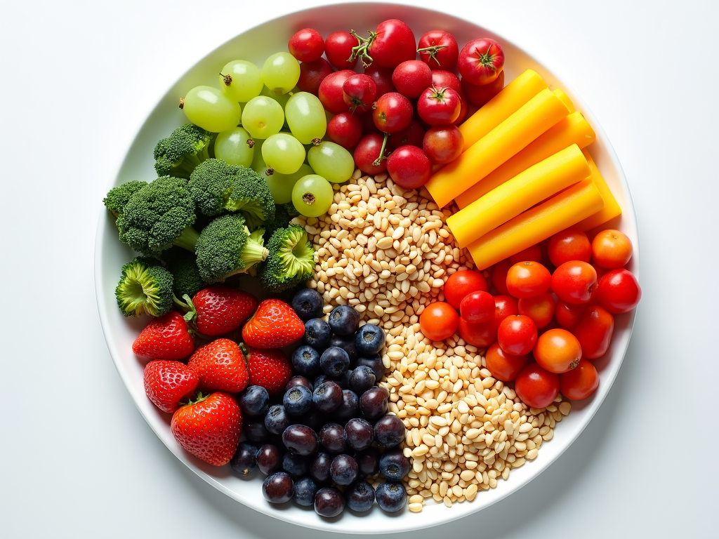 O farfurie colorată plină cu o varietate de fructe, legume, cereale integrale și proteine slabe.