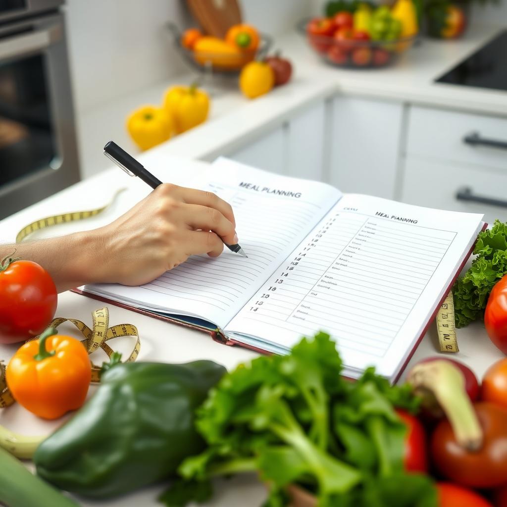 O persoană care notează într-un caiet de planificare a meselor, înconjurată de legume proaspete, fructe și un metru de croitorie pe un blat de bucătărie alb.
