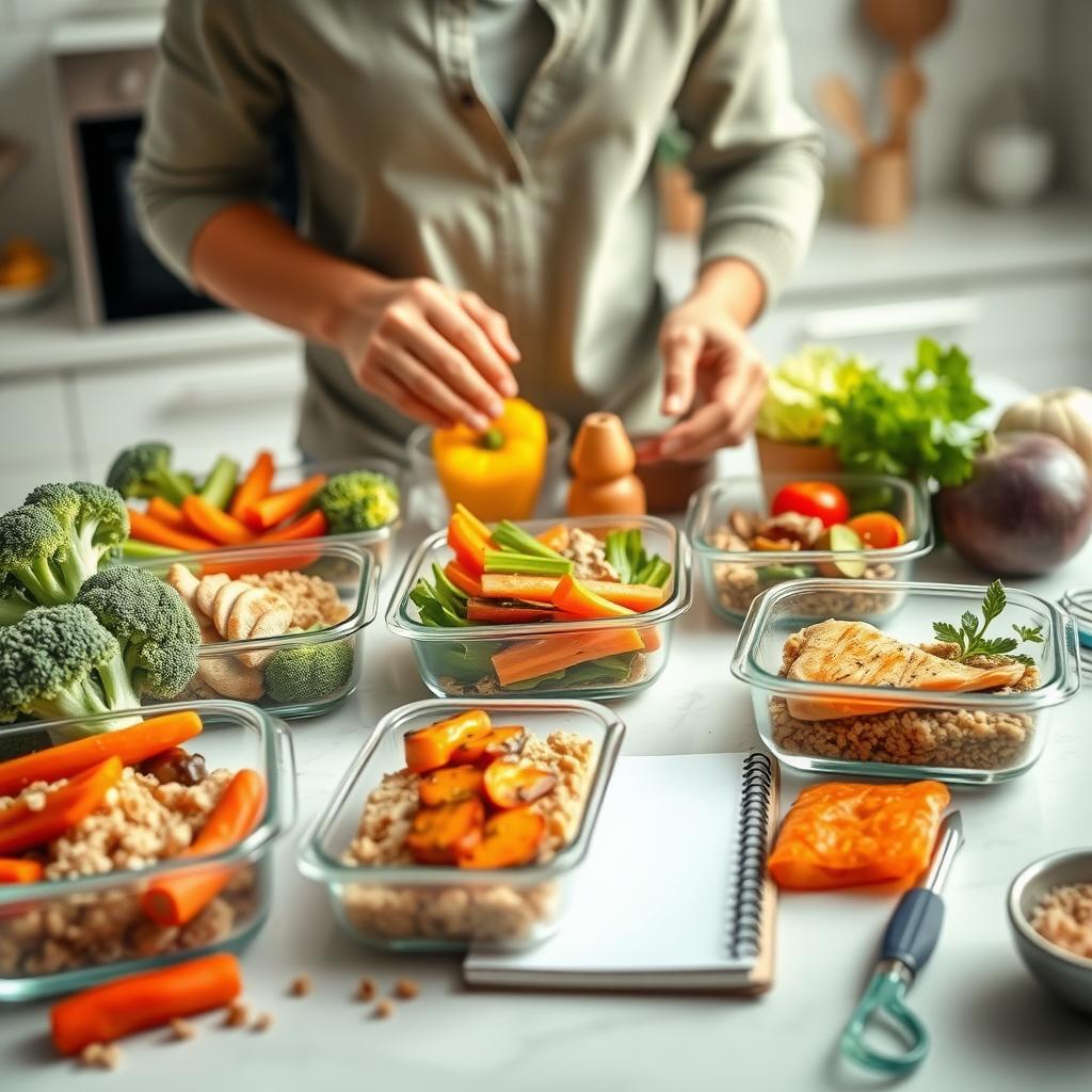 Masă sănătoasă pregătită într-o bucătărie luminoasă, cu legume proaspete, proteine slabe și cereale integrale aranjate în recipiente de sticlă.