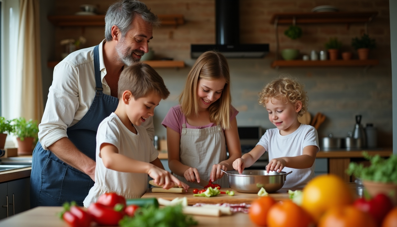 Familie gătind împreună într-o bucătărie confortabilă