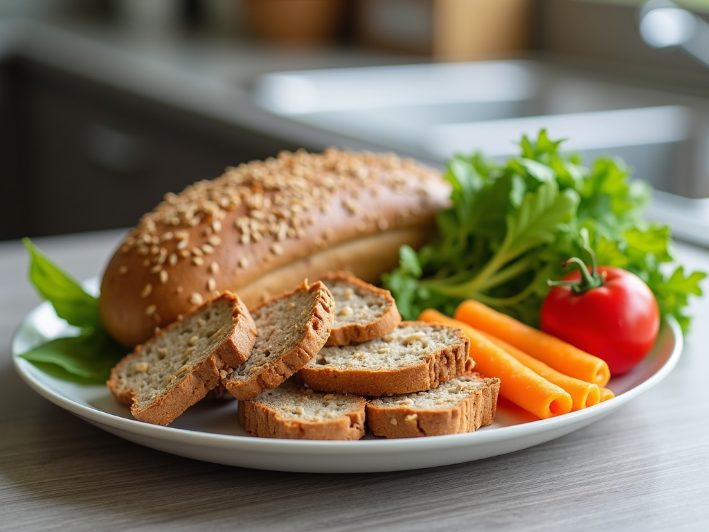 Farfurie cu pâine integrală, legume și fructe, simbolizând carbohidrații sănătoși, cu fundal estompat de bucătărie.