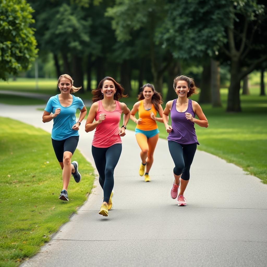 Grup de prieteni care aleargă împreună într-un parc, pe o potecă pavată, înconjurați de iarbă verde și copaci, purtând haine sportive colorate.