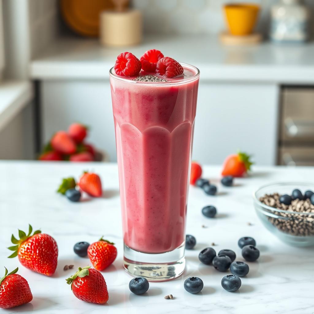 Smoothie roz cu fructe de pădure într-un pahar înalt, presărat cu semințe de chia și zmeură proaspătă, înconjurat de căpșuni și afine pe o masă de marmură albă.