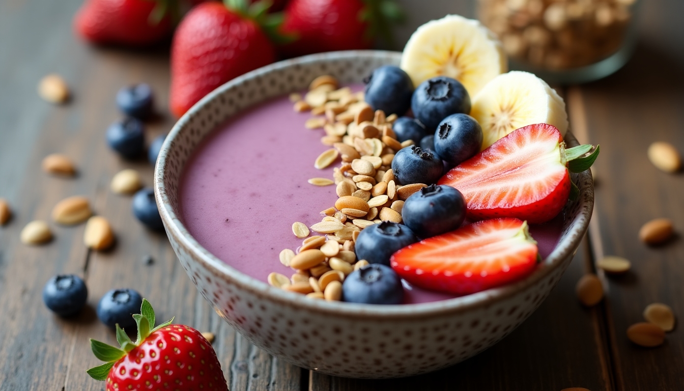 Imagine cu un bol cu smoothie sănătos, decorat cu fructe proaspete și semințe