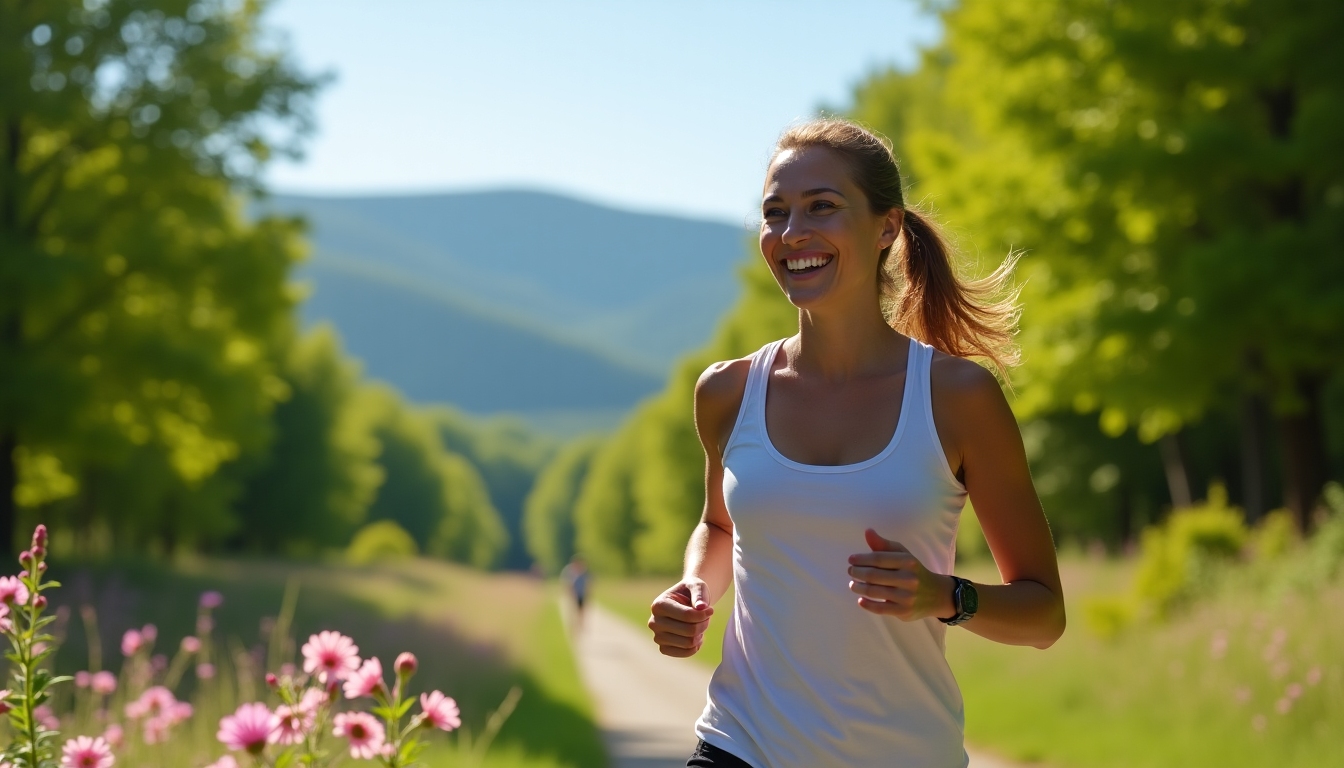 O persoană alergând pe o pistă de jogging, zâmbitoare.