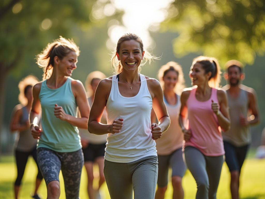 Un grup de prieteni care fac exerciții împreună într-un parc, zâmbind și încurajându-se reciproc
