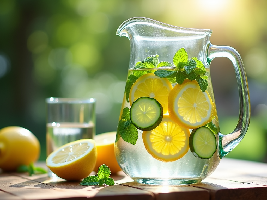 Un pitcher de sticlă cu apă infuzată cu felii de lămâie, castravete și frunze de mentă, pe o masă din lemn.