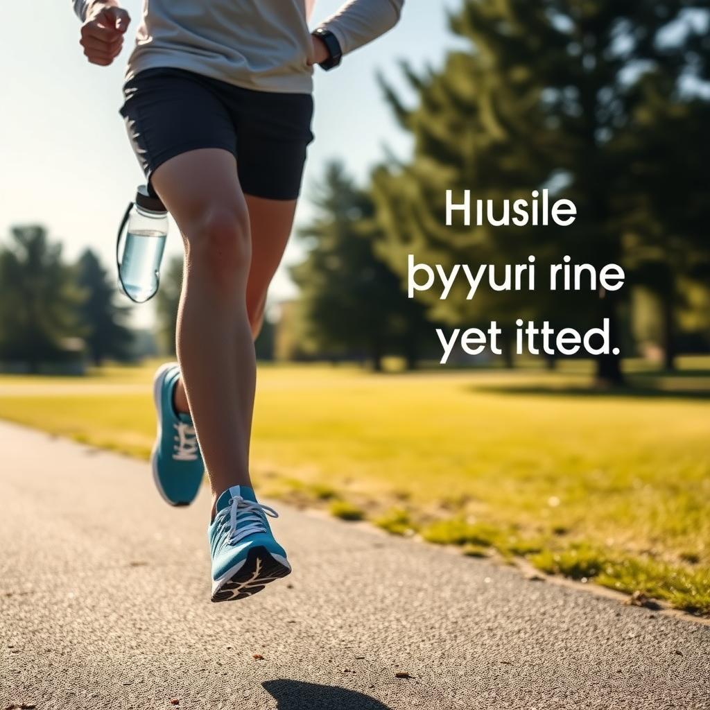 Persoană care aleargă într-un parc însorit, purtând un tracker de fitness și ținând o sticlă de apă.
