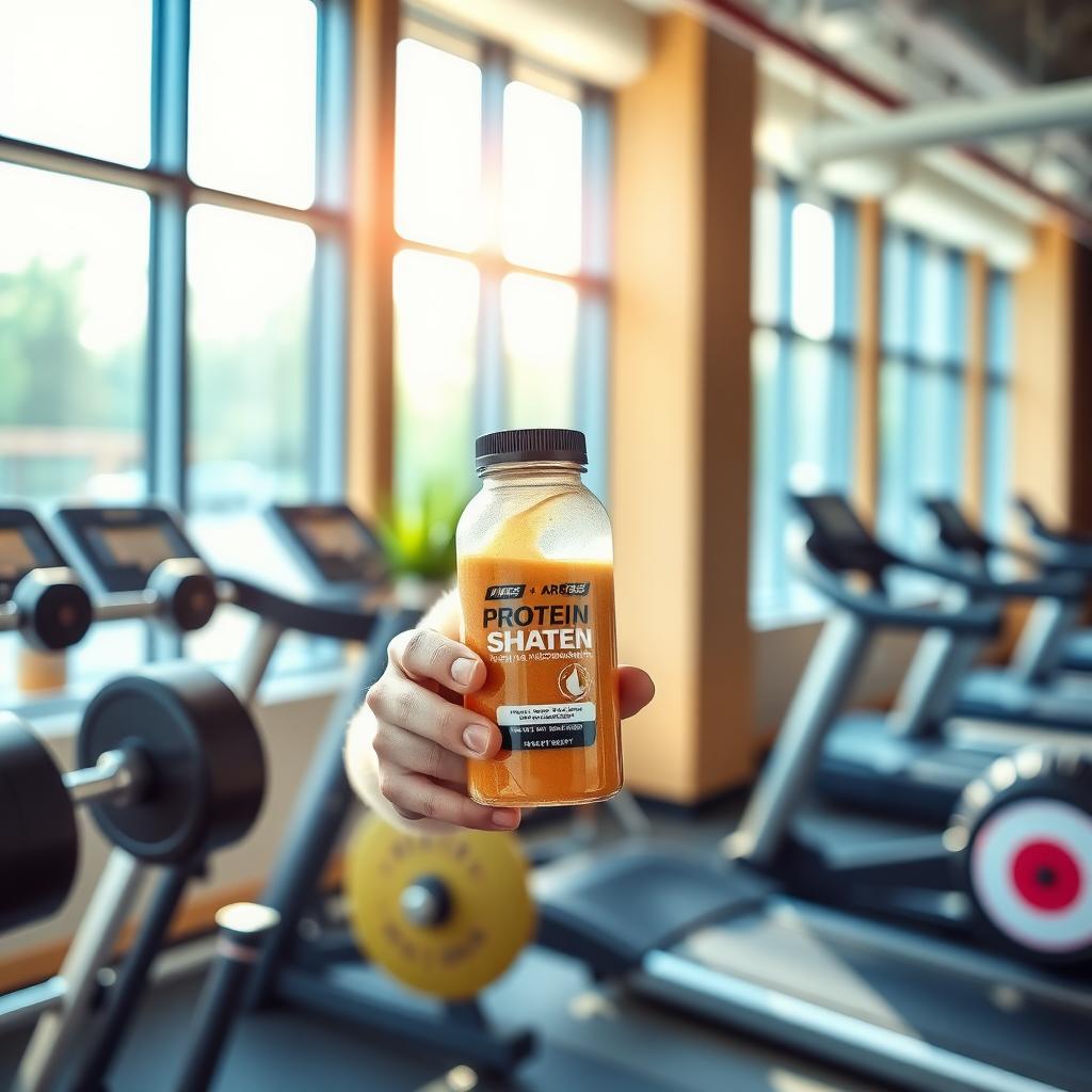 Persoană într-o sală de fitness modernă, ținând o sticlă cu shake de proteine, lângă gantere și o bandă de alergare, cu lumină naturală pe fundal.