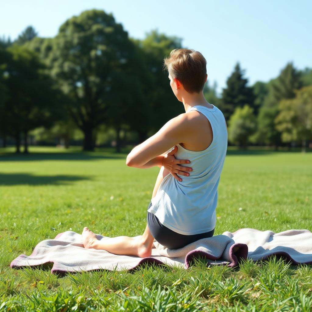 Persoană care efectuează un exercițiu de răsucire spinală pe o pătură, într-un parc liniștit cu iarbă verde și cer albastru.
