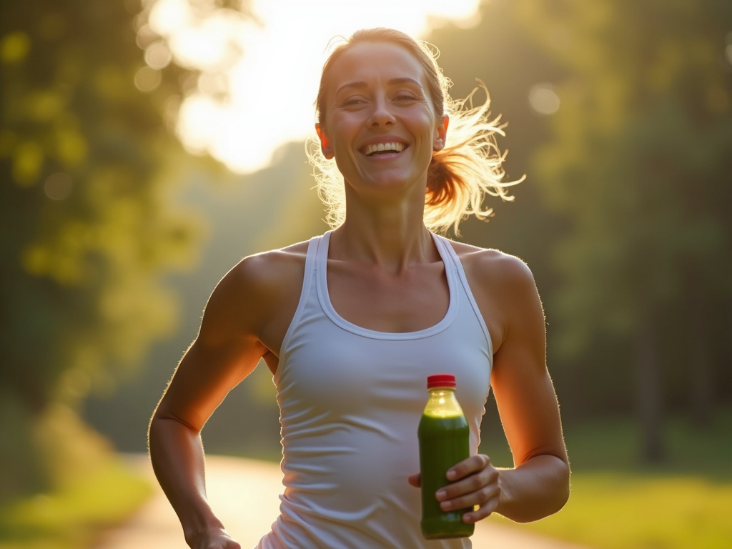Persoană activă cu un smoothie verde în mână