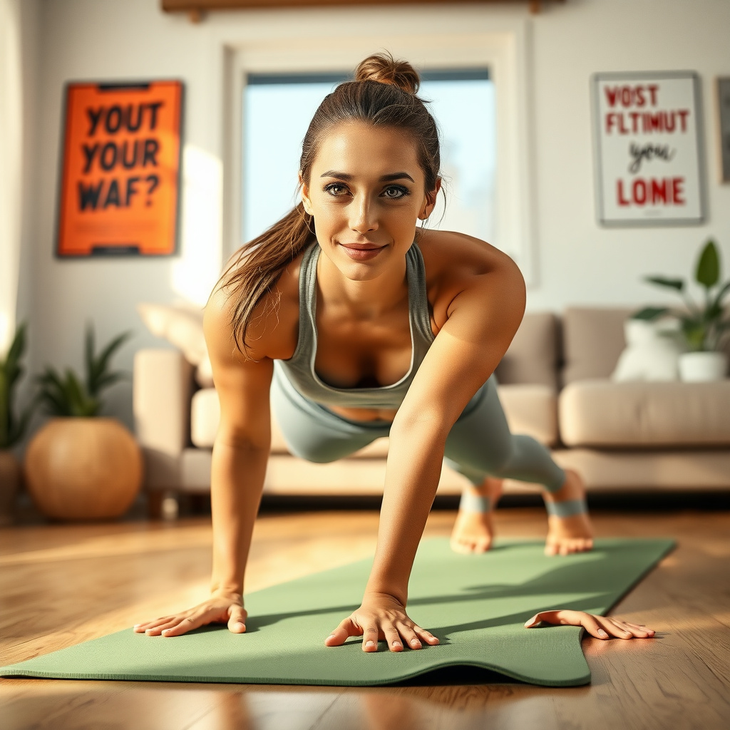Femeie care face exercițiu plank acasă pentru arderea grăsimilor abdominale